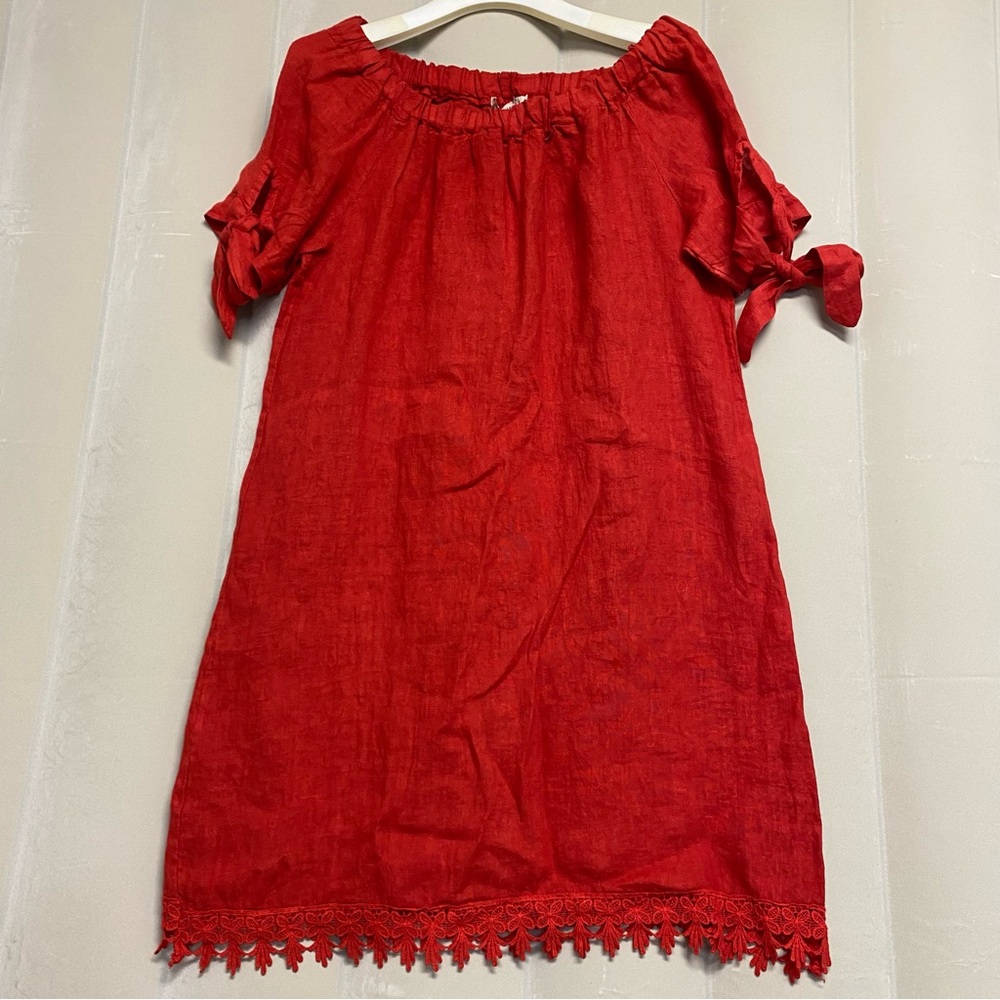 Lungo L’Arno Women’s Dress Small 100% Linen Lacy Tie Sleeves Dainty Feminine NWT